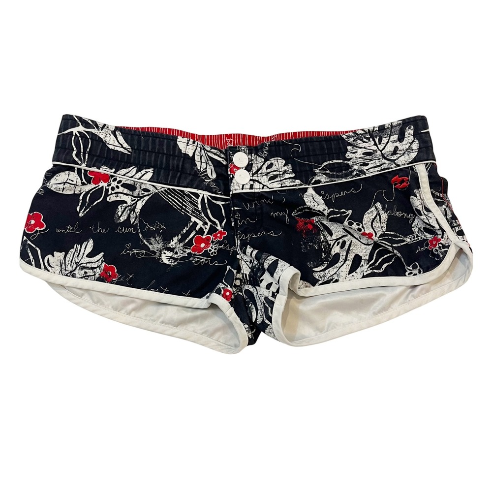 Vintage Billabong Low Rise Micro Board Shorts Black Floral Tropical Y2K SMALL